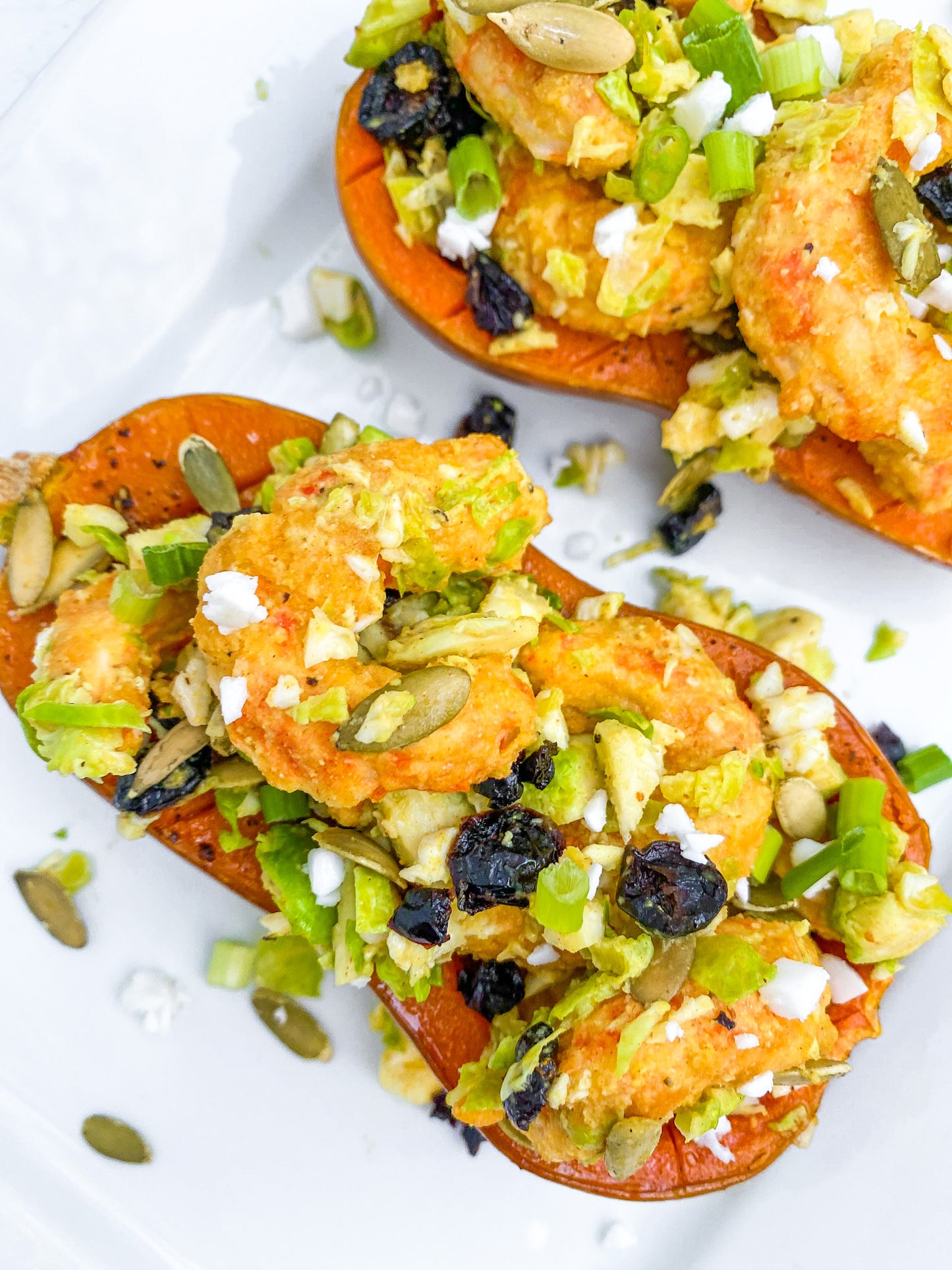 Stuffed Honey Nut Squash with Mind Blown Crispy Crunchy Fried Shrimp & Brussel Sprouts