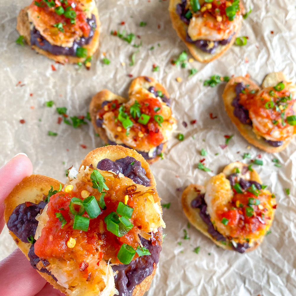 Heart-Shaped Mind Blown Coconut Shrimp Tostadas