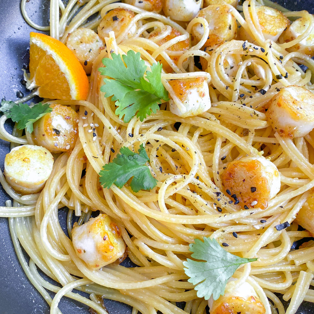 Mind Blown Orange Sesame Dusted Scallops Spaghetti
