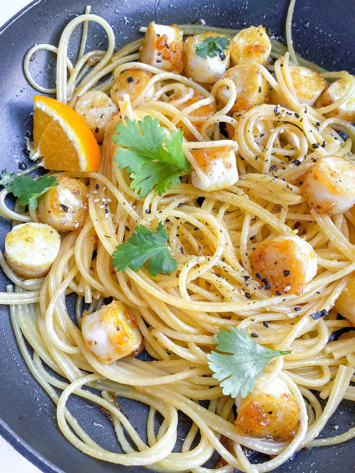 Mind Blown Orange Sesame Dusted Scallops Spaghetti